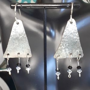 Handmade Silver Hammered w/Crystal Dangle Earrings